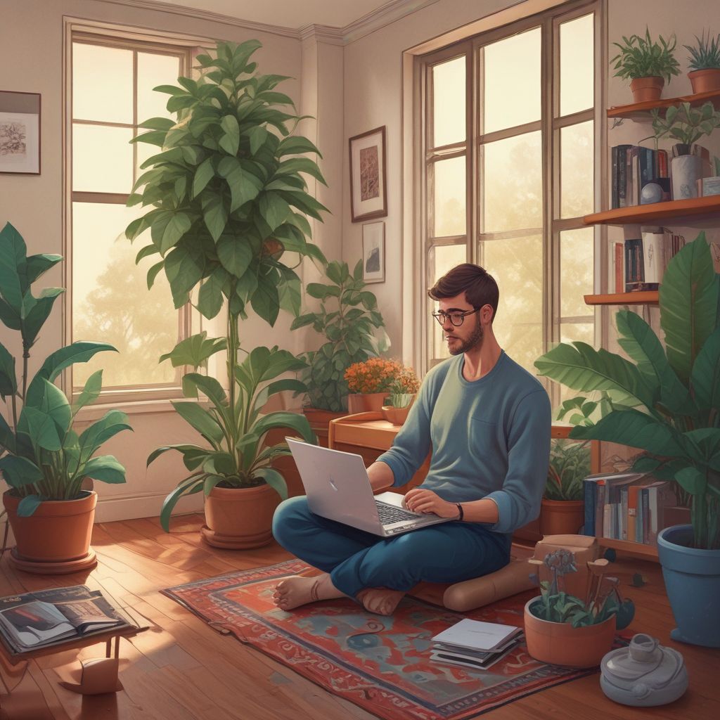 an employee practicing mindfulness at home with a plant and a laptop